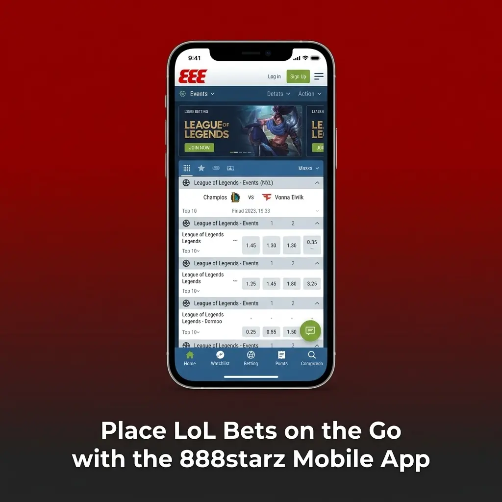 888starz mobile app open on League of Legends esports betting markets with live odds on smartphone screen