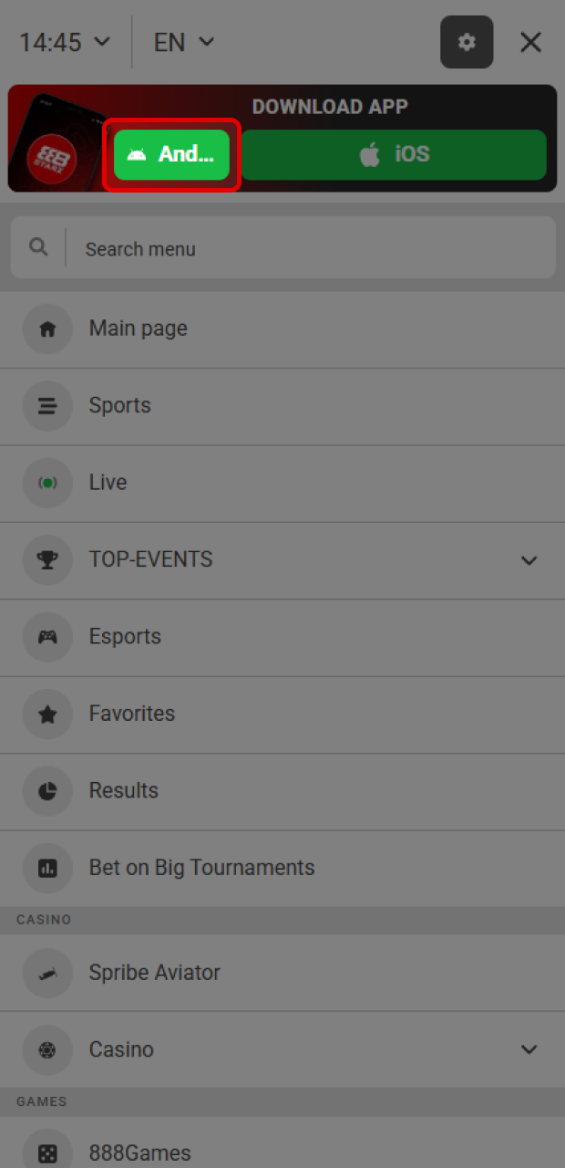 Start the download process of the 888starz installation file on Android.