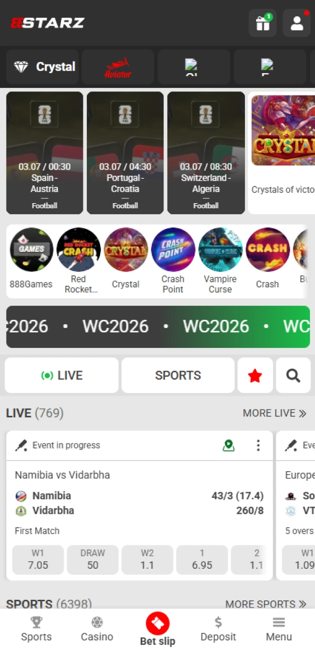 Browse the active betting section in the 888starz sports wagering app.