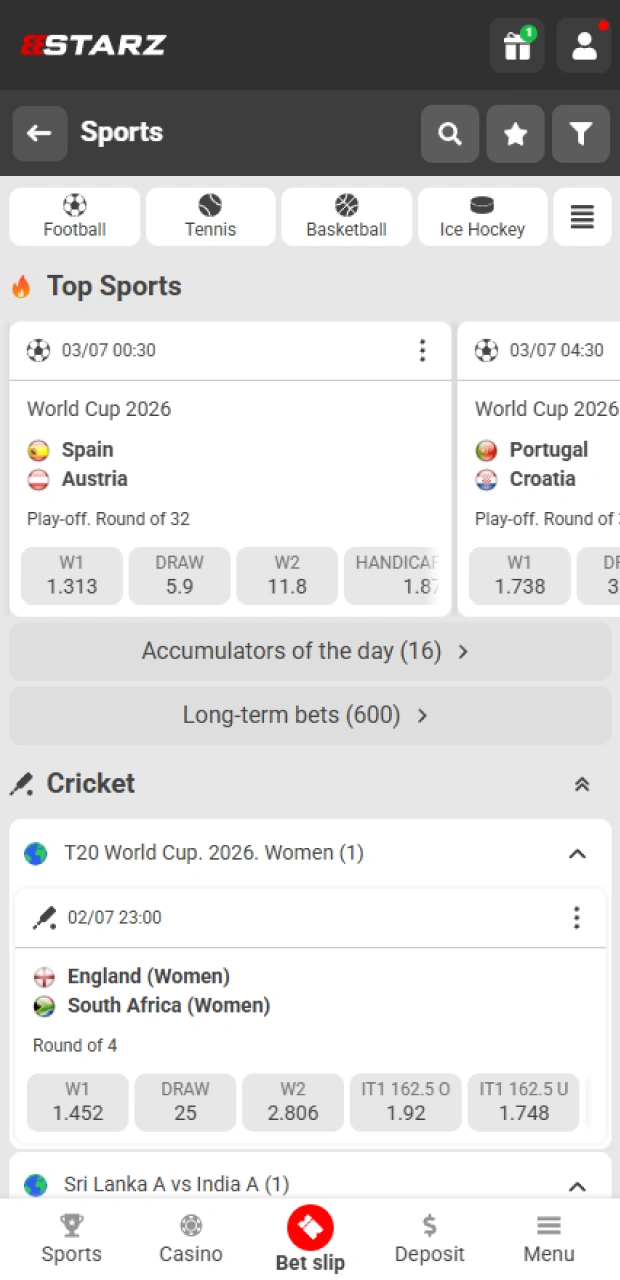 Pick a favorable sports betting market within the 888starz mobile client.