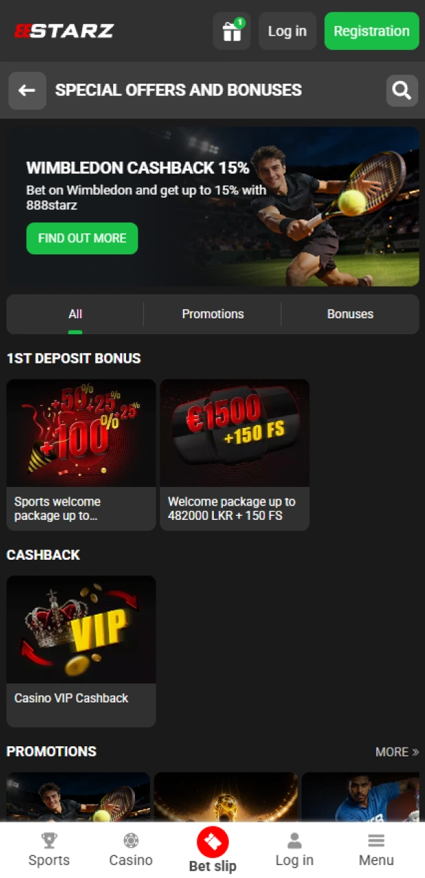 Review all available bonuses and promotions in the 888starz application.