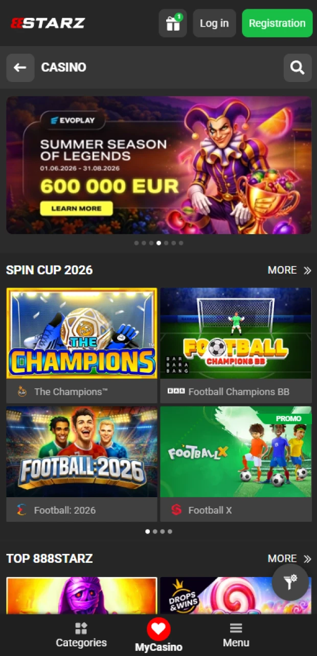 Explore the rich online casino lobby in the 888starz app.