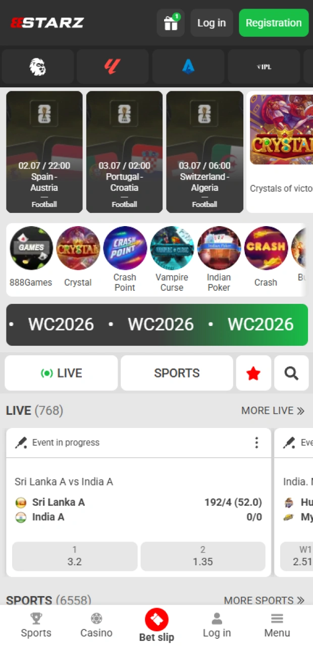 Check out the main interface of the 888starz mobile application and start playing.