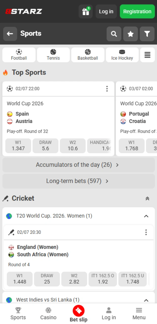 Browse through available sports betting events in the 888starz app.