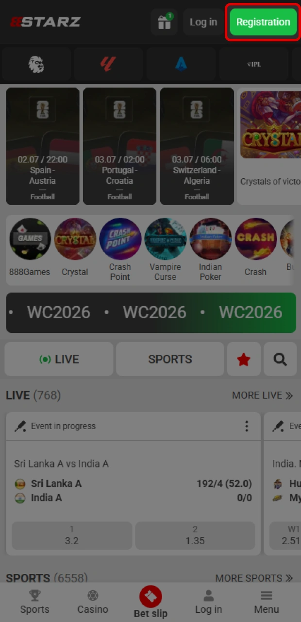 Open the sign-up tab and choose a convenient registration option in the 888starz app.
