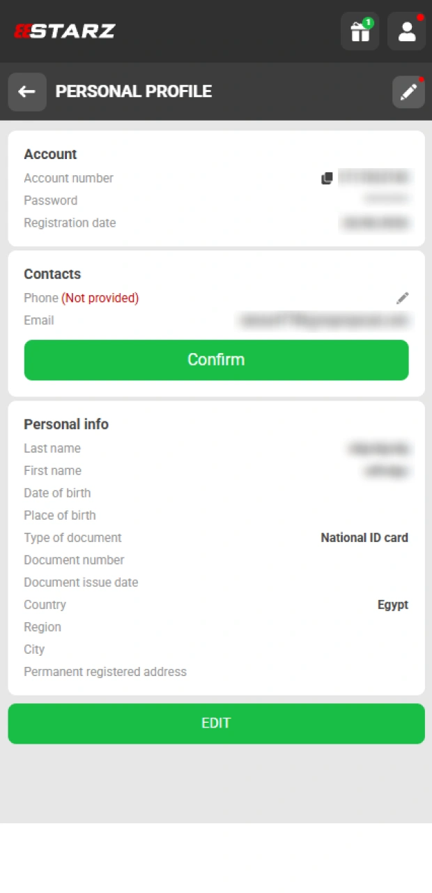 Confirm your contact details to activate a new account after registration on the 888starz app.