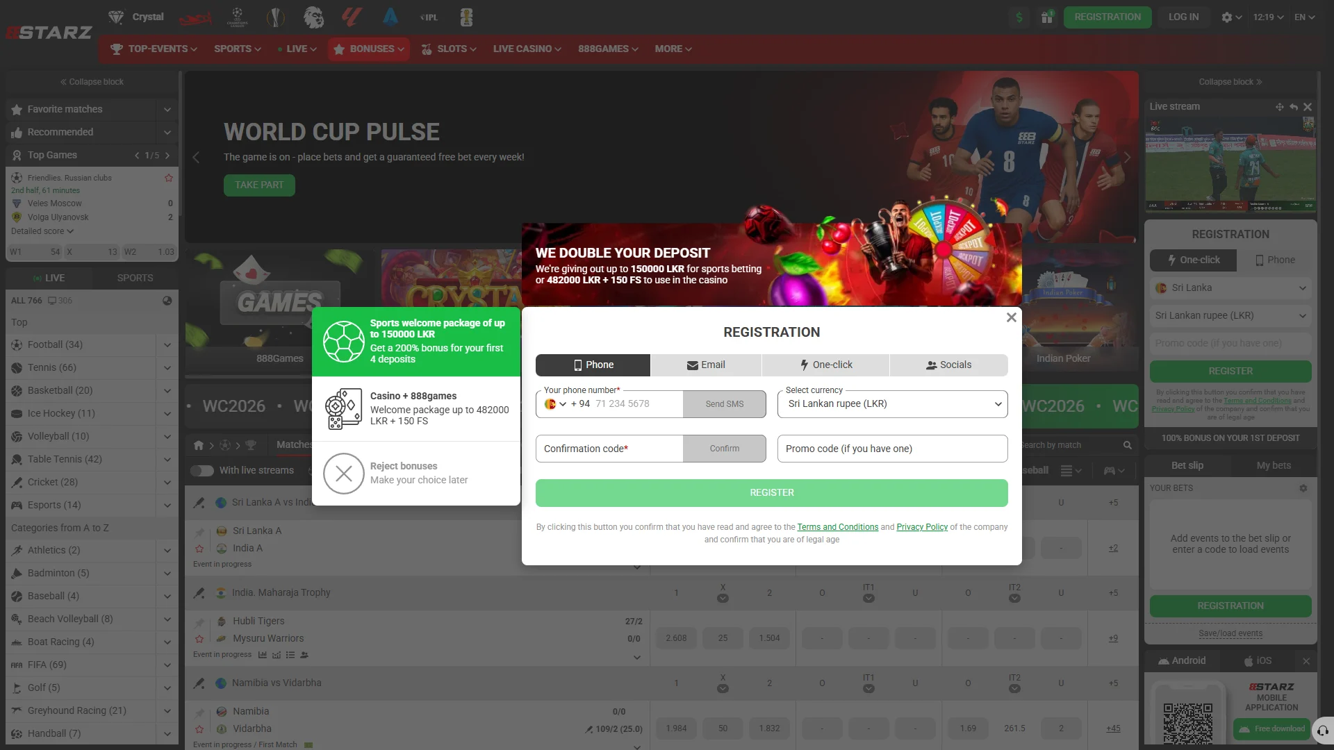 Complete the 888starz registration process to create a secure personal account.