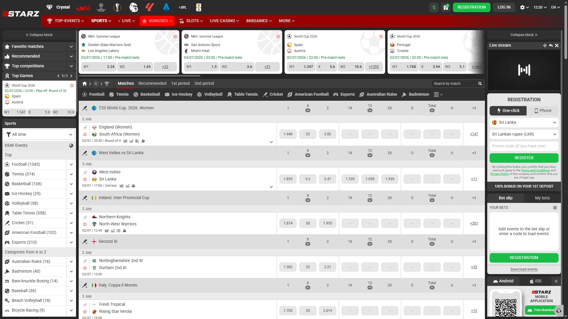 Place sports bets on the 888starz platform with great winning potential.