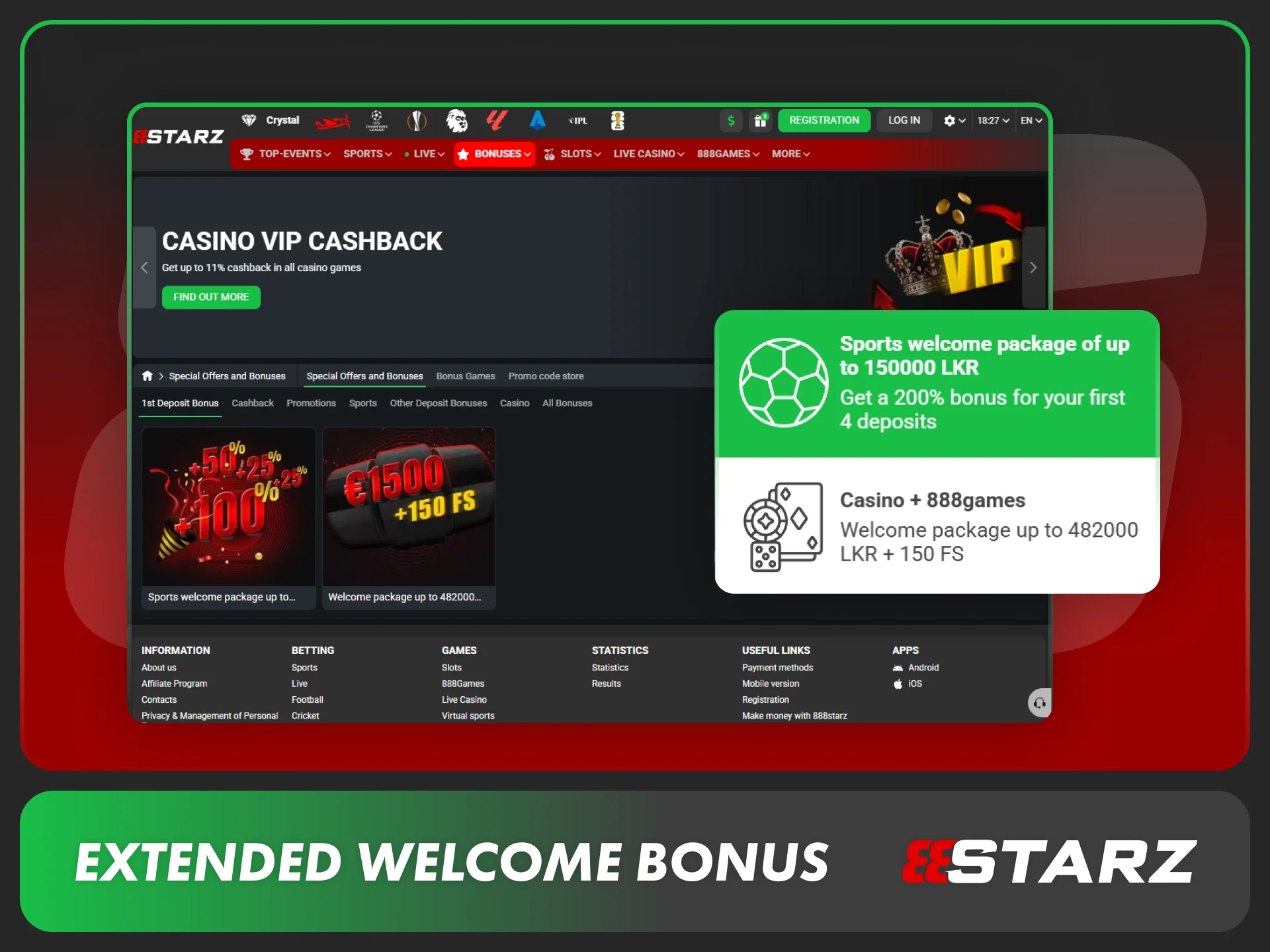 Grab an extended welcome bonus at the 888starz website for betting.