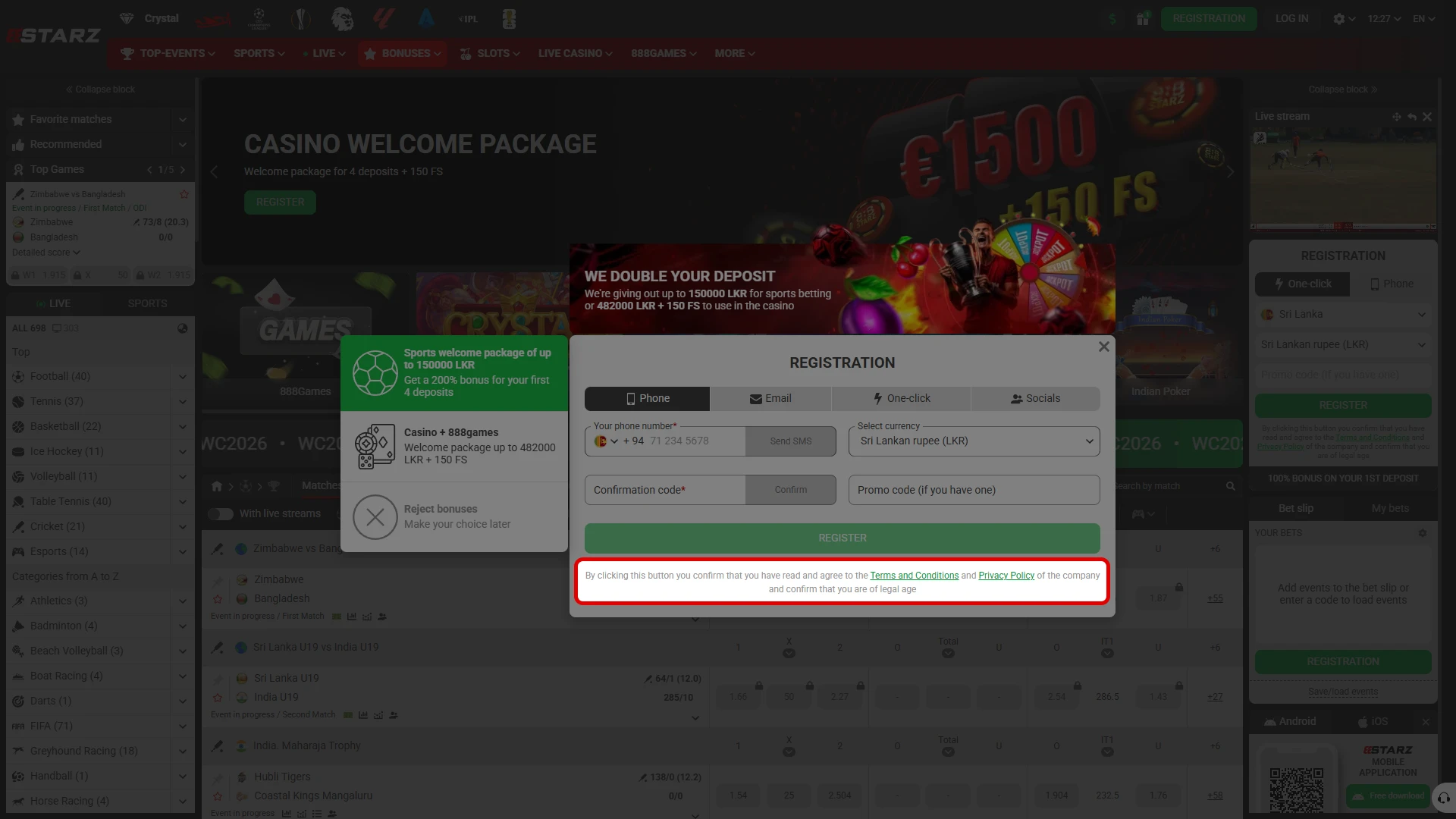 Accept the registration rules and user guidelines on the 888starz platform.