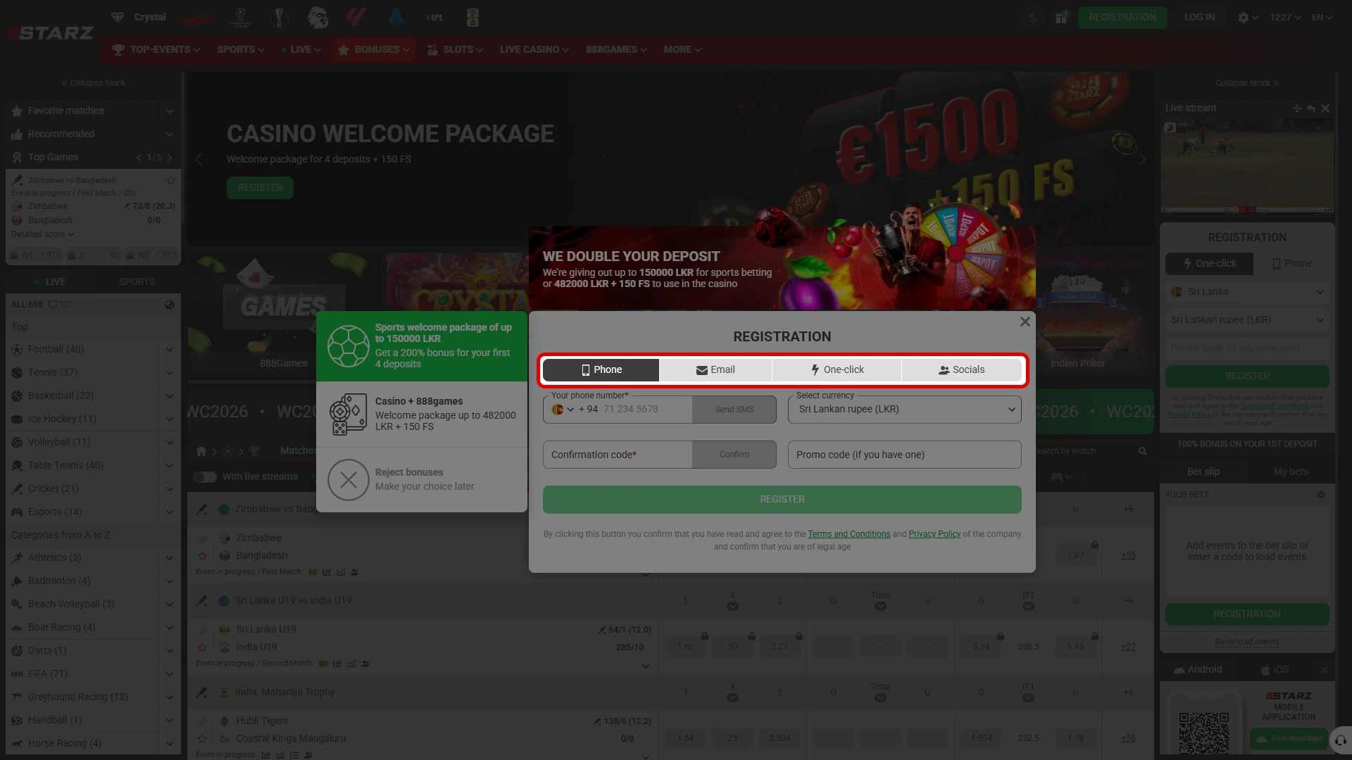 Pick a convenient registration path to create an account at 888starz.