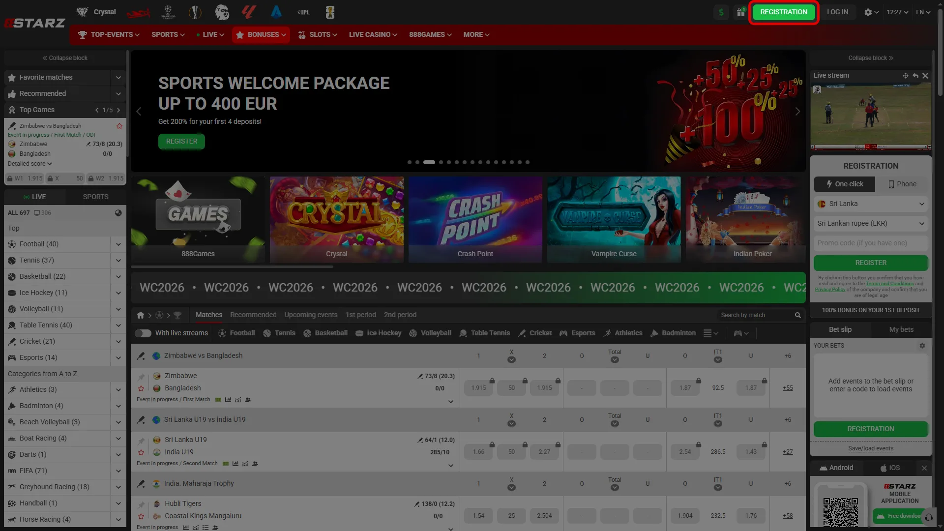 Press the button and navigate to the registration page at 888starz.