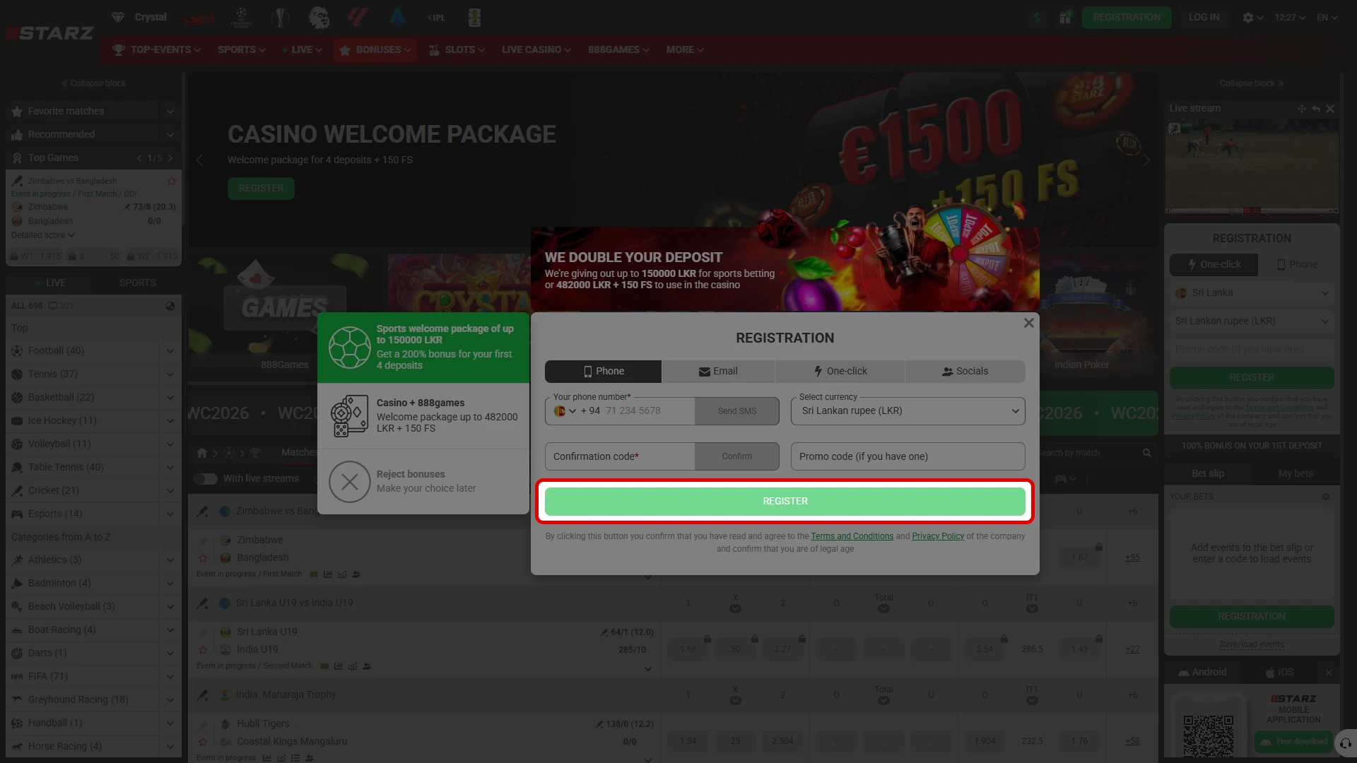 Submit the registration form and log in to your new 888starz profile.