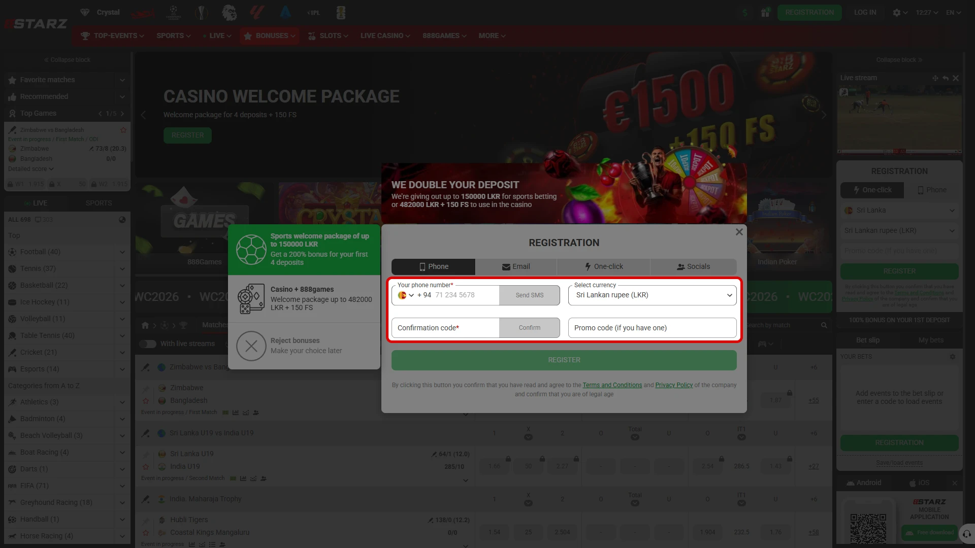Fill in the mandatory fields to complete your official 888starz registration.