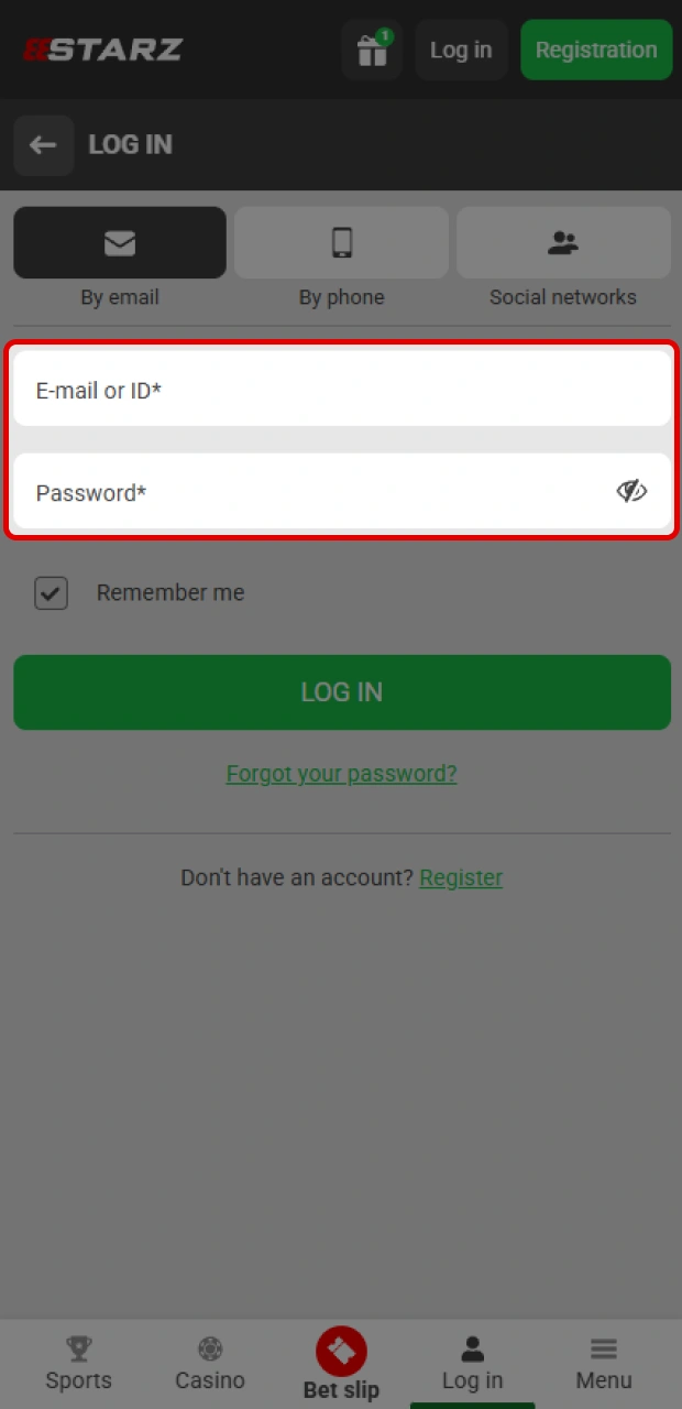 Input your personal login details into the secure 888starz form.