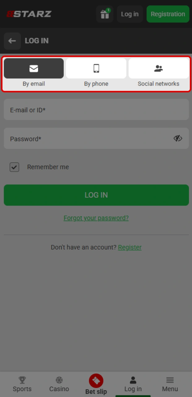 Select how you want to perform your 888starz account login.