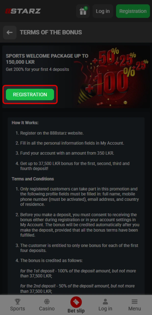 Open a new registration profile to claim the 888starz bonus.