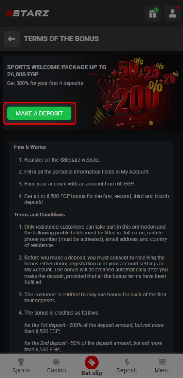 Visit the cashier tab to top up your registration bonus balance at 888starz.